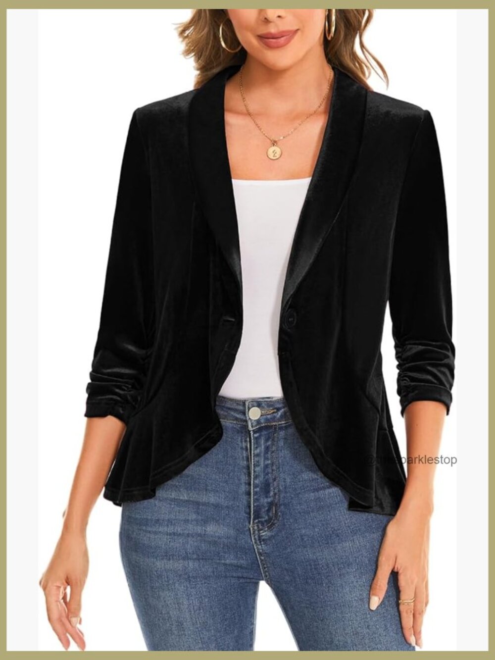 Velvet Blazer with Ruched 3/4 Sleeves Shawl Lapel Button Front